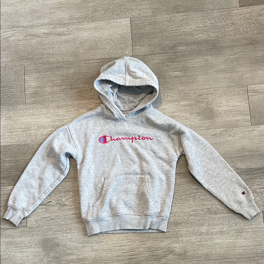 Champion Youth Light Gray Hoodie with Pink Logo